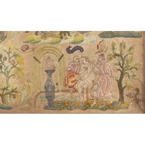 131 - A good Charles II stump work embroidered panel, late 17th century, depicting figures, foliage and an... 