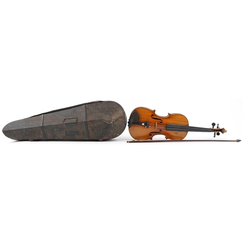 2005 - A 19th century French violin, the bridge detailed D. Jacques Made in France, length of back 35cm, to... 