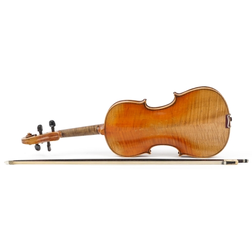 2005 - A 19th century French violin, the bridge detailed D. Jacques Made in France, length of back 35cm, to... 