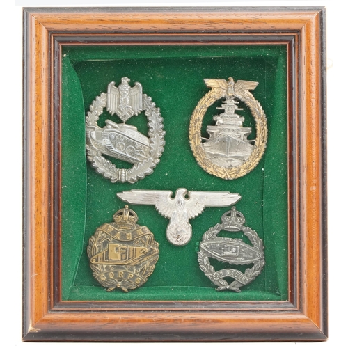 2545 - Five German military interest cap badges, framed and glazed.