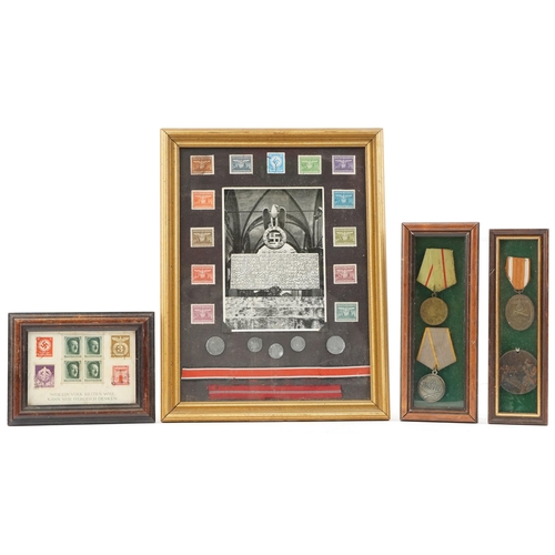 2542 - A collection of German military interest stamps and medals, each framed and glazed.