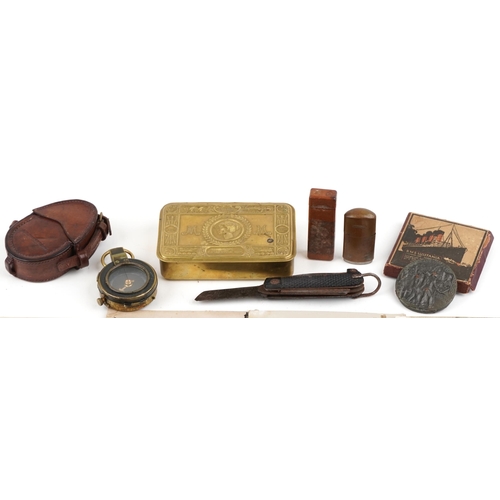 2458 - British militaria including Christmas 1914 Mary tin, RMS Lusitania medal with box and a compass with... 