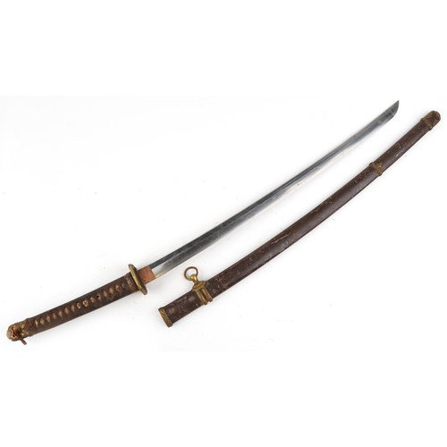  A Japanese Samurai katana with curved single-edged blade, scabbard, shagreen grip and signed tang, 1... 