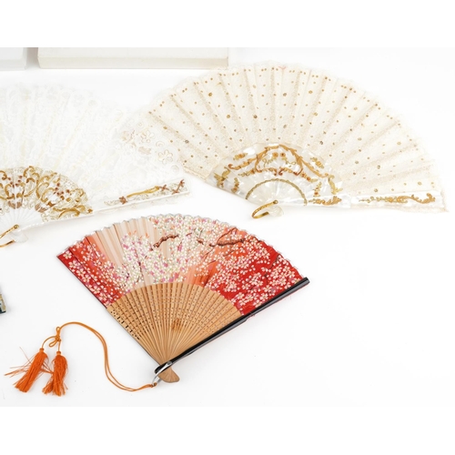 535 - A group of five Chinese hand painted folding fans, 20th century.