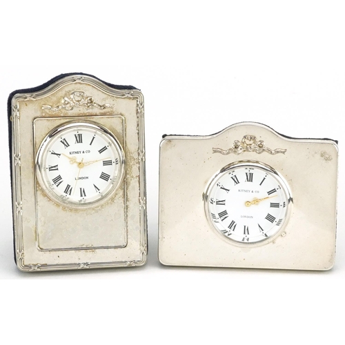 576 - Kitney & Co, two silver easel clocks with boxes, London 1993 and 1996, the largest 7.5cm high.