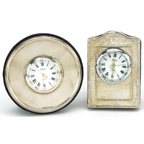 577 - Kitney & Co, two embossed silver easel clocks with boxes, retailed by Carrs, London 1996, the larges... 