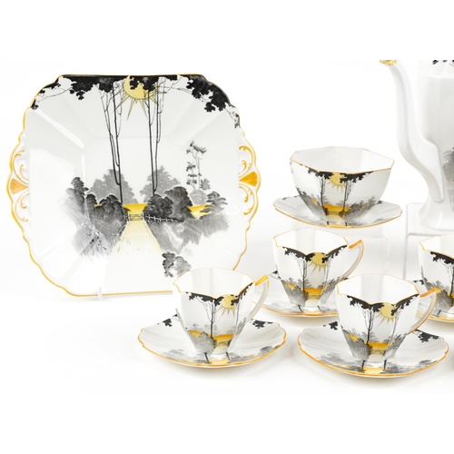 169 - An Art Deco Shelley Queen Anne shape six place coffee service hand painted in the Sunrise & Tall Tre... 