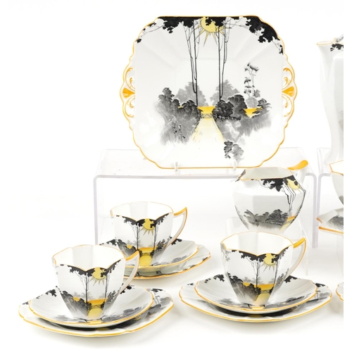  An Art Deco Shelley Queen Anne shape six place tea service hand painted in the Sunrise & Tall Trees ... 