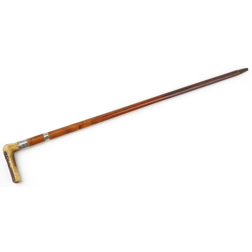 222 - A 19th century malacca walking stick with horn handle and plated mounts, 91cm in length.