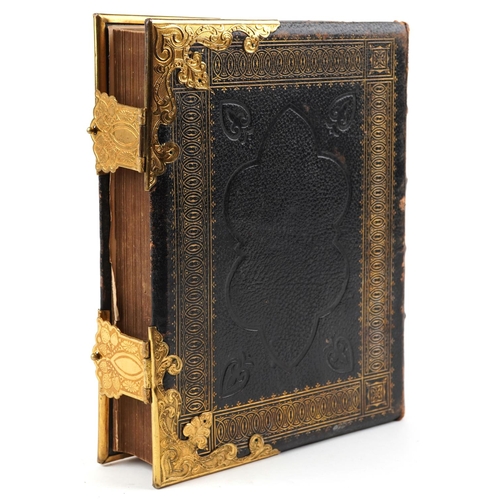 2372 - Early 20th century leather bound family bible with gilt metal mounts relating to the Shearer family.