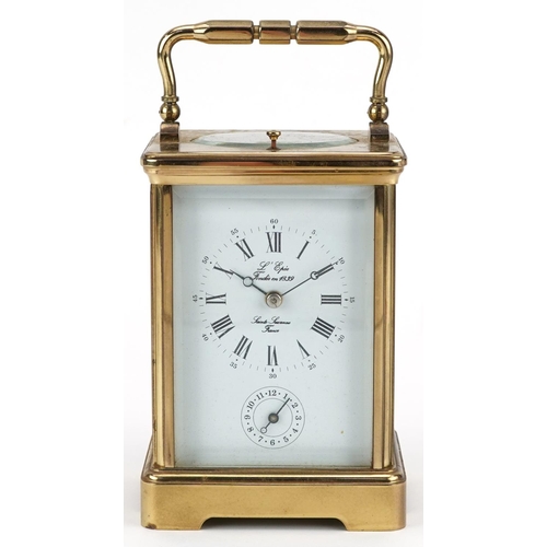 63 - An early 20th century gilt brass cased repeating carriage clock by L'Epee Saint Luxanne France, the ... 