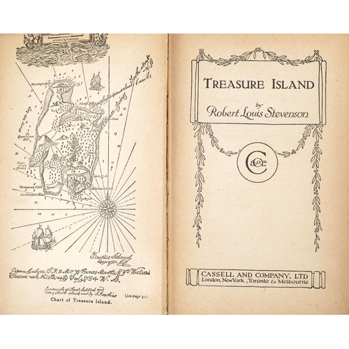 2374 - A group of seven books to include Treasure Island by Robert Louis Stevenson, Three Men in a Boat by ... 