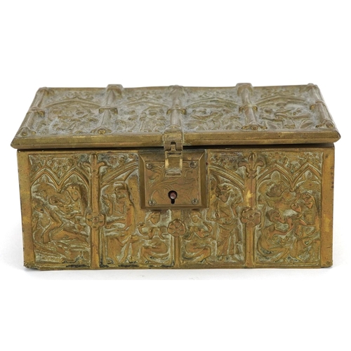 133 - A 19th century rectangular brass casket by Adolph Frankau & Company cast in historic taste as a Goth... 