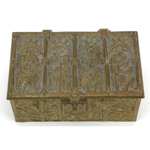 133 - A 19th century rectangular brass casket by Adolph Frankau & Company cast in historic taste as a Goth... 