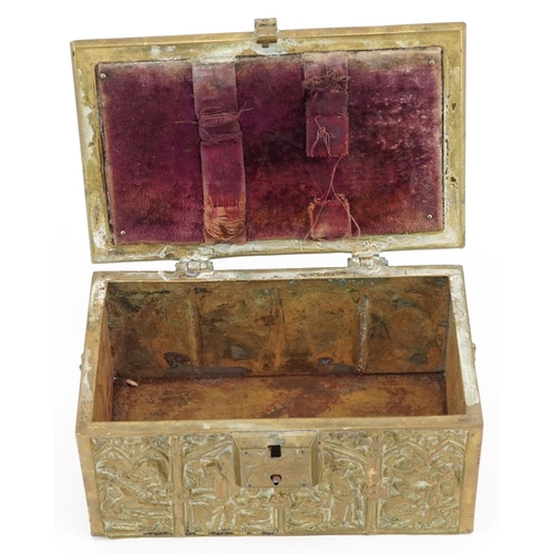 133 - A 19th century rectangular brass casket by Adolph Frankau & Company cast in historic taste as a Goth... 