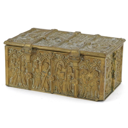 133 - A 19th century rectangular brass casket by Adolph Frankau & Company cast in historic taste as a Goth... 