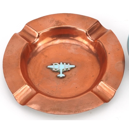 2339 - An early 20th century copper ashtray with an enamelled plaque for De Havilland Aircraft Company Limi... 