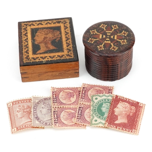 88 - A late 19th century Tunbridgeware stamp box together with a Tunbridgeware turned circular pillbox.