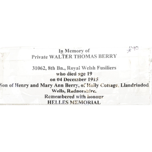 2423 - British military World War I death plaque awarded to Walter Thomas Berry, mounted in an iron cross d... 