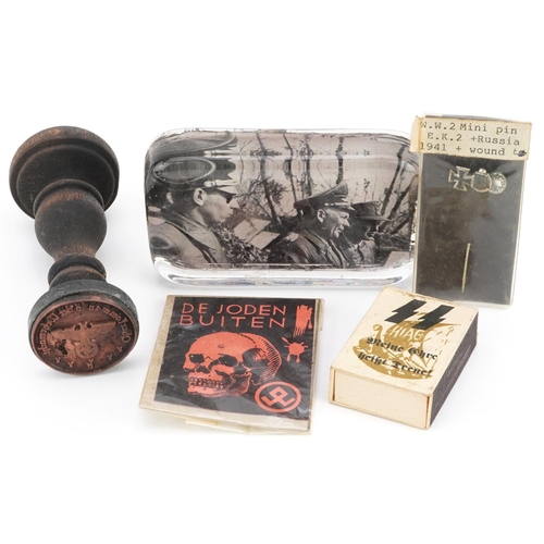 2573 - German militaria including a box of SS matches, ink stamp and Wound pin.