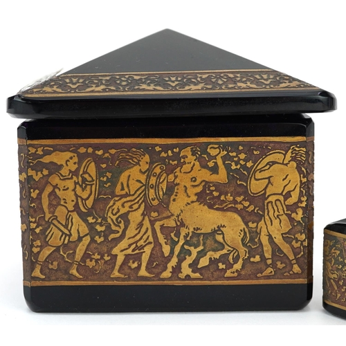 27 - A Moser amethyst glass box and cover and a similar ashtray with gilded gold frieze, signed to the ba... 