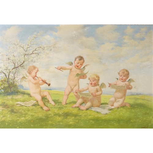 3634 - After Oldra Vlach - Musical Putti, early 20th century Czech School, oil on board, within a painted a... 