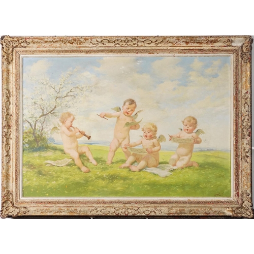 3634 - After Oldra Vlach - Musical Putti, early 20th century Czech School, oil on board, within a painted a... 