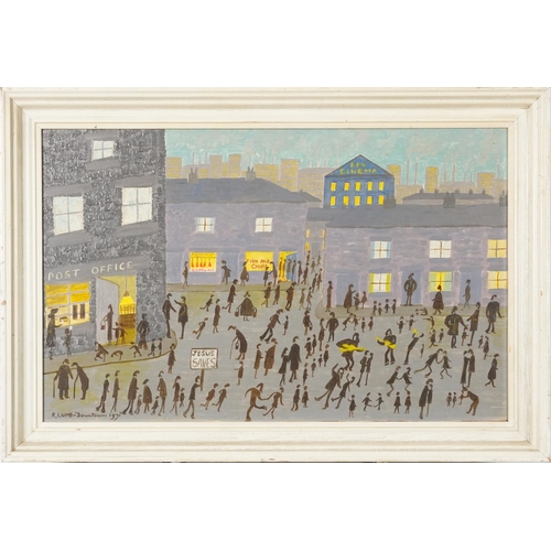 3456 - R. Lumb - Down Town 1971, mid 20th century British School, acrylic on board, signed lower left corne... 