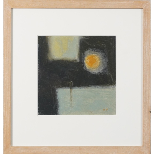 3422 - Kristine Powley - Abstract composition, late 20th century British school oil on paper, framed and gl... 