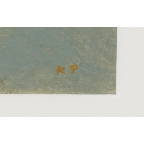 3422 - Kristine Powley - Abstract composition, late 20th century British school oil on paper, framed and gl... 