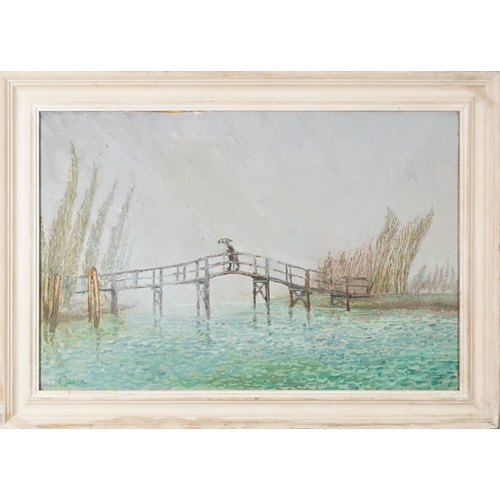 3427 - John V. Owen - Bridge over a river, late 20th century British Impressionist school, oil on board, 50... 