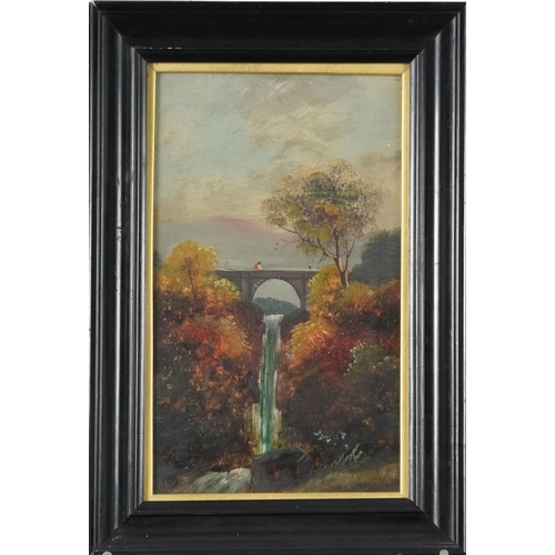 3421 - Landscape with waterfall and bridge, 19th century continental school, gouache on ceramic tile, frame... 