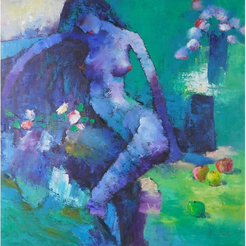 3635 - Y. Stanley - Abstract female nude, 20th century British school oil on canvas, framed, 91cm x 91cm.