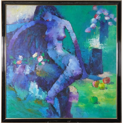 3635 - Y. Stanley - Abstract female nude, 20th century British school oil on canvas, framed, 91cm x 91cm.