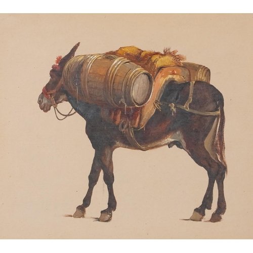 3419 - Three studies of load laden donkeys, early 20th century continental school gouache on paper, each fr... 