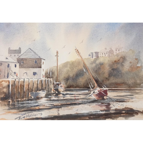 3451 - A pair of harbour scenes, 20th century British school watercolours on paper, indistinctly signed, fr... 