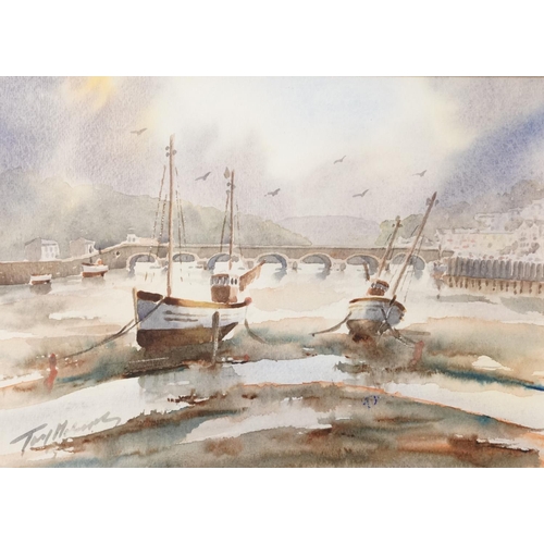 3451 - A pair of harbour scenes, 20th century British school watercolours on paper, indistinctly signed, fr... 