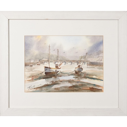 3451 - A pair of harbour scenes, 20th century British school watercolours on paper, indistinctly signed, fr... 