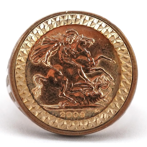 3014 - Elizabeth II 2004 gold half sovereign housed in a 9ct gold ring mount, size Y, 9.6g.