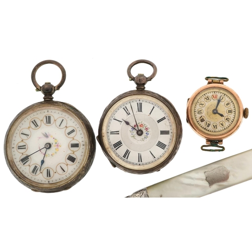 3308 - Two antique ladies silver pocket watches with enamelled dials, a 9ct gold cased manual wind wristwat... 