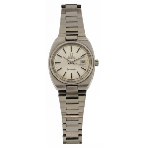 3012 - An Omega ladies stainless steel Omega Seamaster automatic wristwatch having silvered dial with date ... 