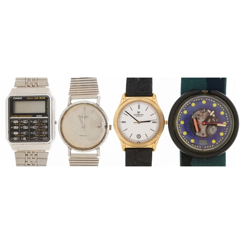 3328 - Four vintage gentlemen's wristwatches comprising Casio CA-505 calculator watch, Excalibur, Swatch an... 