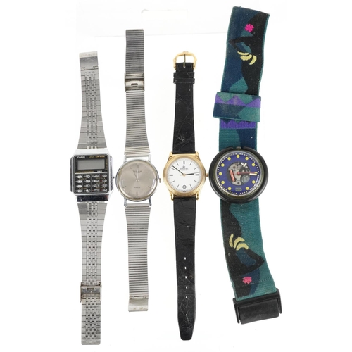 3328 - Four vintage gentlemen's wristwatches comprising Casio CA-505 calculator watch, Excalibur, Swatch an... 