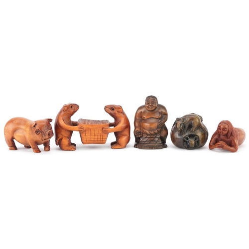 107 - Five Japanese carved wood netsukes including mice holding a basket, mermaid and Sumo wrestler, the l... 