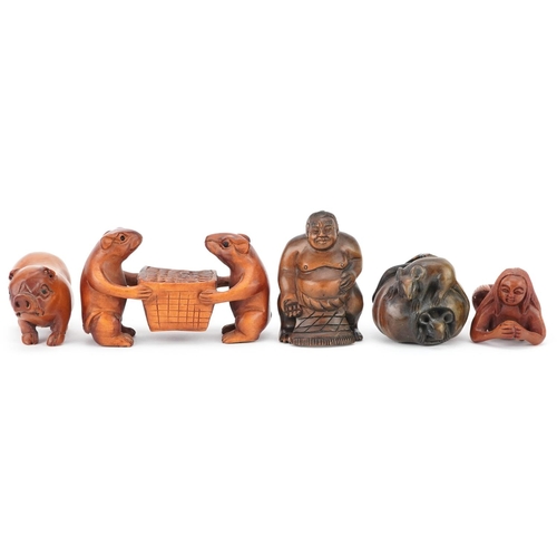 107 - Five Japanese carved wood netsukes including mice holding a basket, mermaid and Sumo wrestler, the l... 