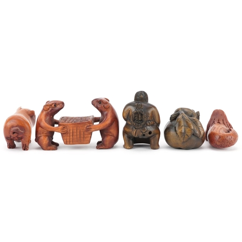 107 - Five Japanese carved wood netsukes including mice holding a basket, mermaid and Sumo wrestler, the l... 