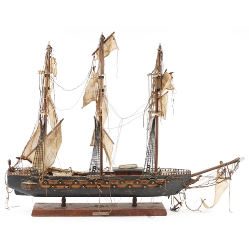 1345 - A carved wood model of a Spanish rigged sailing ship with plaque, titled Fragata Espanola, 80cm in l... 