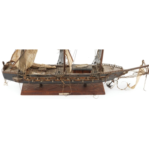 1345 - A carved wood model of a Spanish rigged sailing ship with plaque, titled Fragata Espanola, 80cm in l... 