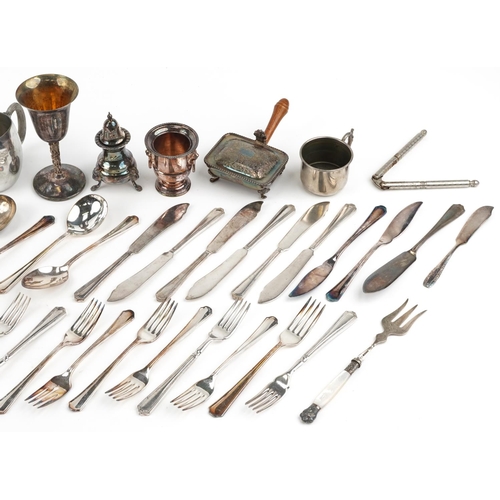 1525 - Vintage and later silver plate and stainless steel including a three piece cruet with lion mask and ... 