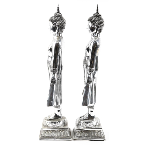 1459 - A large pair of silvered figures of standing Tibetan Buddha, 65cm high.